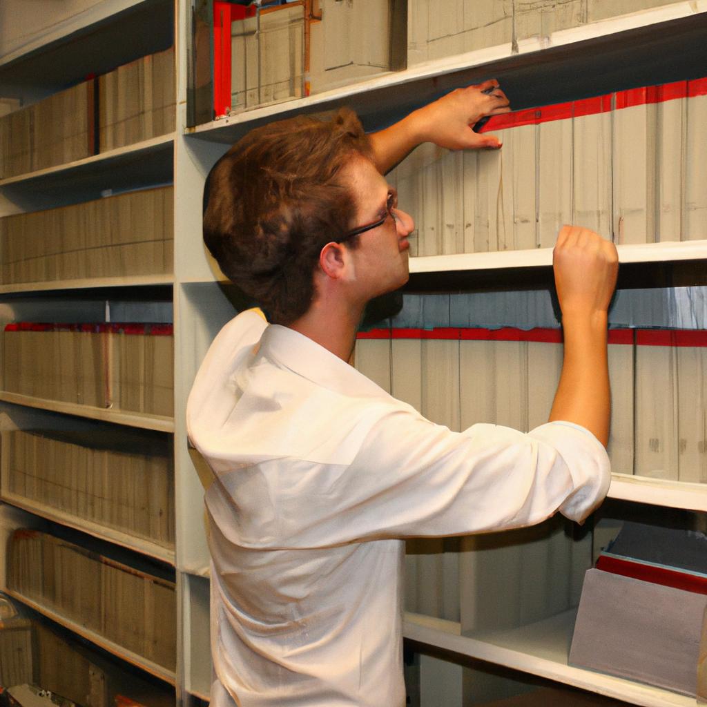 Person researching in library archives